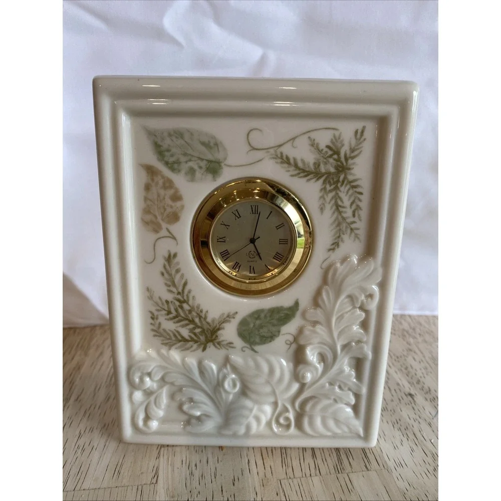 Vintage Lenox Porcelain Desk Clock Cream Gold Green Leaf Pattern Quartz Untested